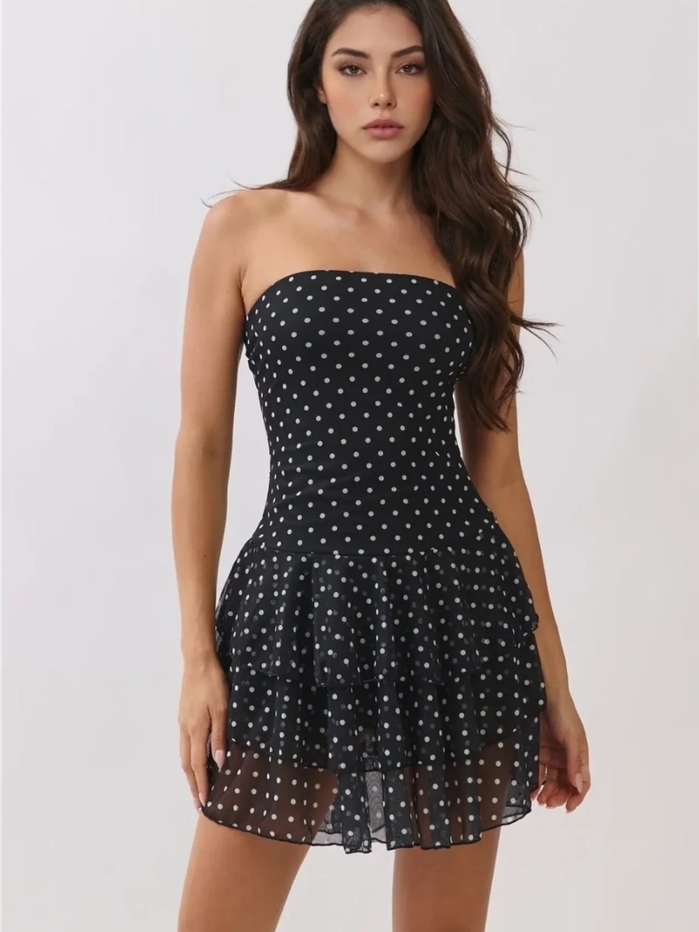 Strapless Black Polka Dot Ruffle Mini Dress